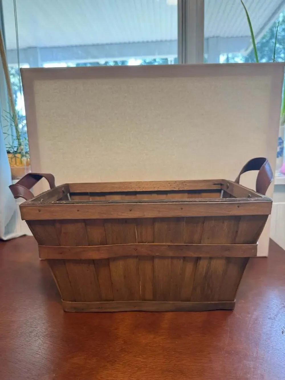 Harry & David Rustic Rectangular Wood Storage Basket with Faux Leather Handles
